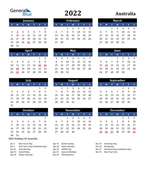 calendar 2022 australia holidays